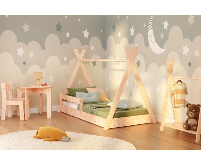 Hausbett für Kinder mit Rausfallschutz und Lattenrost TIPI F Montessori Holz