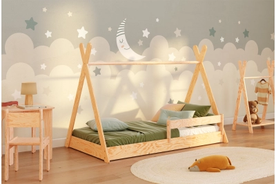 Hausbett für Kinder mit Rausfallschutz und Lattenrost TIPI F Montessori Holz