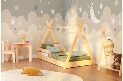 Hausbett für Kinder mit Rausfallschutz und Lattenrost TIPI FLOOR Montessori Kiefer