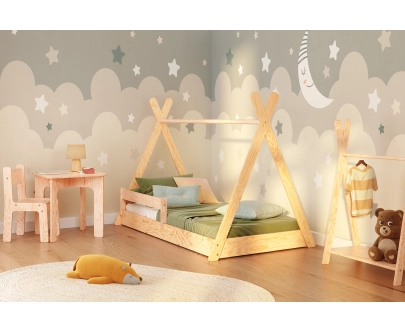 Hausbett für Kinder mit Rausfallschutz und Lattenrost TIPI F Montessori Holz
