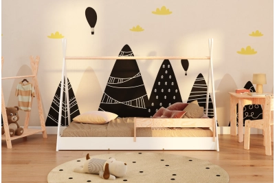 Hausbett für Kinder mit Rausfallschutz und Lattenrost TIPI FLOOR Montessori Kiefer