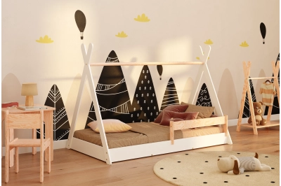 Hausbett für Kinder mit Rausfallschutz und Lattenrost TIPI FLOOR Montessori Kiefer