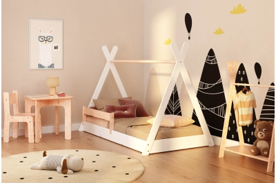 Hausbett für Kinder mit Rausfallschutz und Lattenrost TIPI FLOOR Montessori Kiefer