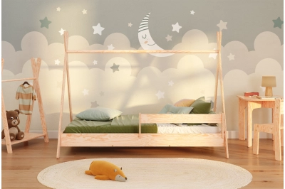 Hausbett für Kinder mit Rausfallschutz und Lattenrost TIPI Montessori Holz