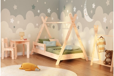 Hausbett für Kinder mit Rausfallschutz und Lattenrost TIPI Montessori Holz