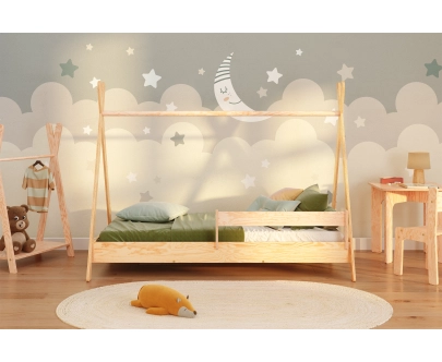 Hausbett für Kinder mit Rausfallschutz und Lattenrost TIPI Montessori Holz