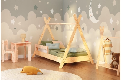 Hausbett für Kinder mit Rausfallschutz und Lattenrost TIPI Montessori Holz