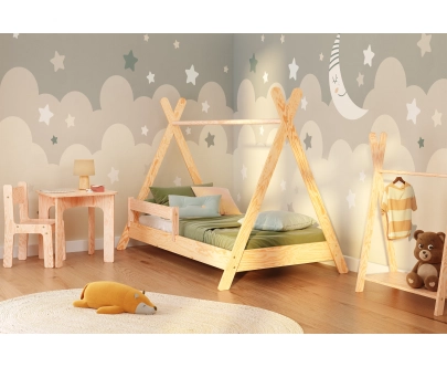 Hausbett für Kinder mit Rausfallschutz und Lattenrost TIPI Montessori Holz