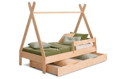 Hausbett für Kinder mit Schublade, Rausfallschutz und Lattenrost TIPI DRAWER Montessori Holz