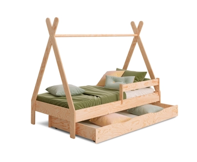 Hausbett für Kinder mit Schublade, Rausfallschutz und Lattenrost TIPI D Montessori Holz