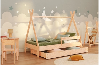 Hausbett für Kinder mit Schublade, Rausfallschutz und Lattenrost TIPI DRAWER Kiefer