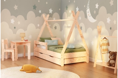 Hausbett für Kinder mit Schublade, Rausfallschutz und Lattenrost TIPI DRAWER Kiefer