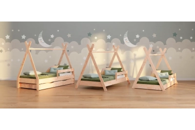Hausbett für Kinder mit Schublade, Rausfallschutz und Lattenrost TIPI D Montessori Holz