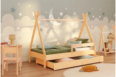 Hausbett für Kinder mit Schublade, Rausfallschutz und Lattenrost TIPI D Montessori Holz