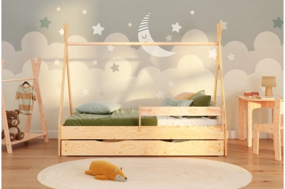 Hausbett für Kinder mit Schublade, Rausfallschutz und Lattenrost TIPI D Montessori Holz