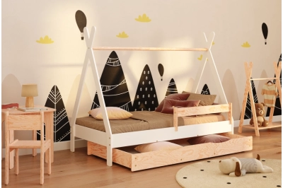 Hausbett für Kinder mit Schublade, Rausfallschutz und Lattenrost TIPI DRAWER Kiefer