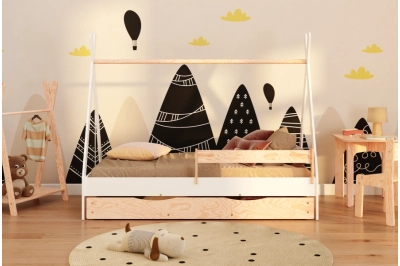 Hausbett für Kinder mit Schublade, Rausfallschutz und Lattenrost TIPI DRAWER Kiefer