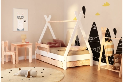 Hausbett für Kinder mit Schublade, Rausfallschutz und Lattenrost TIPI DRAWER Kiefer