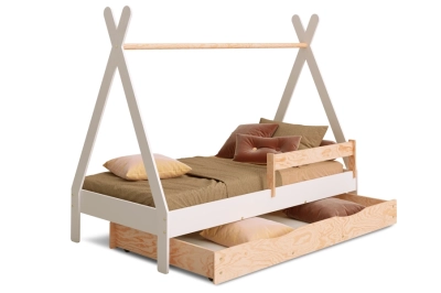 Hausbett für Kinder mit Schublade, Rausfallschutz und Lattenrost TIPI DRAWER Kiefer