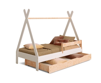 Hausbett für Kinder mit Schublade, Rausfallschutz und Lattenrost TIPI D Montessori Holz