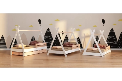 Hausbett für Kinder mit Schublade, Rausfallschutz und Lattenrost TIPI D Montessori Holz
