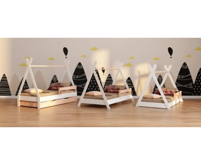 Hausbett für Kinder mit Schublade, Rausfallschutz und Lattenrost TIPI D Montessori Holz