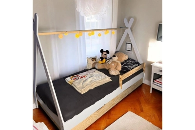 Hausbett für Kinder mit Schublade, Rausfallschutz und Lattenrost TIPI D Montessori Holz