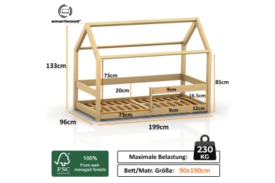 Hausbett für Kinder mit Rausfallschutz und Lattenrost MILO massives Kiefernholz
