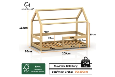 Hausbett für Kinder mit Rausfallschutz und Lattenrost MILO Montessori Holz