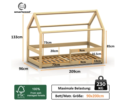 Hausbett für Kinder mit Rausfallschutz und Lattenrost MILO Montessori Holz