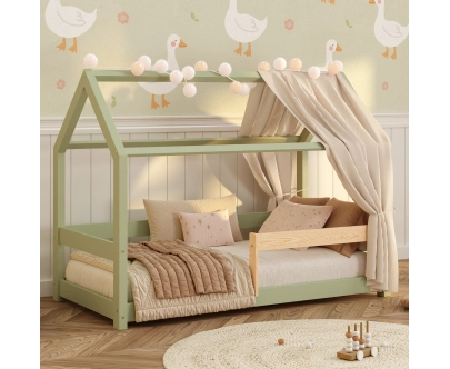 Hausbett für Kinder mit Rausfallschutz und Lattenrost MILO Montessori Holz