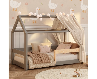 Hausbett für Kinder mit Rausfallschutz und Lattenrost MILO Montessori Holz
