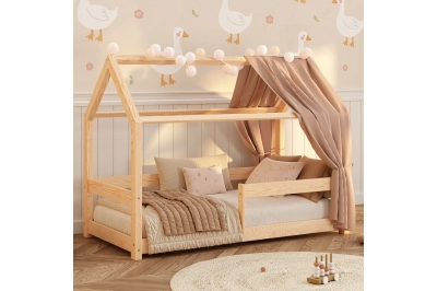 Hausbett für Kinder mit Rausfallschutz und Lattenrost MILO Montessori Holz