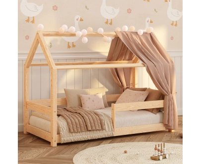 Hausbett für Kinder mit Rausfallschutz und Lattenrost MILO Montessori Holz