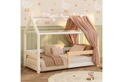Hausbett für Kinder mit Rausfallschutz und Lattenrost MILO Montessori Holz