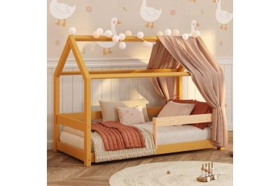 Hausbett für Kinder mit Rausfallschutz und Lattenrost MILO Montessori Holz