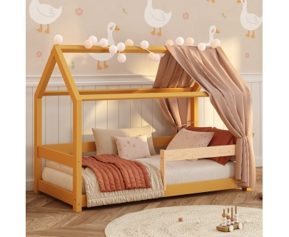 Hausbett für Kinder mit Rausfallschutz und Lattenrost MILO Montessori Holz