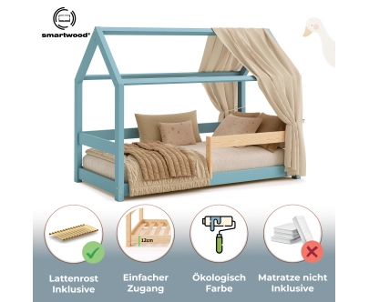 Hausbett für Kinder mit Rausfallschutz und Lattenrost MILO Montessori Holz