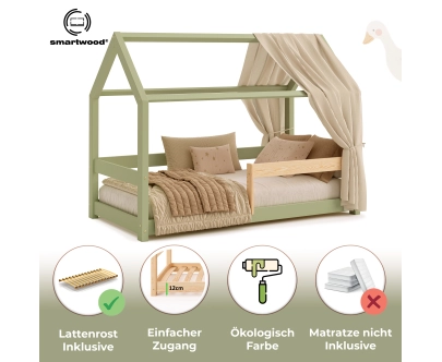 Hausbett für Kinder mit Rausfallschutz und Lattenrost MILO Montessori Holz