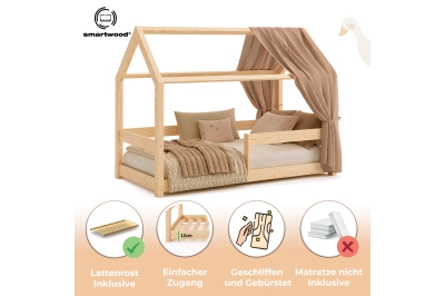 Hausbett für Kinder mit Rausfallschutz und Lattenrost MILO Montessori Holz