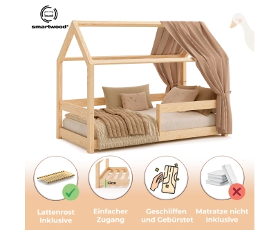 Hausbett für Kinder mit Rausfallschutz und Lattenrost MILO Montessori Holz