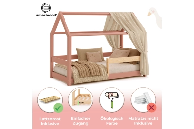 Hausbett für Kinder mit Rausfallschutz und Lattenrost MILO massives Kiefernholz