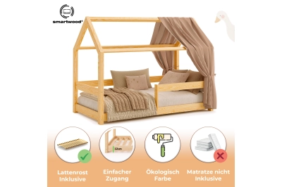 Hausbett für Kinder mit Rausfallschutz und Lattenrost MILO massives Kiefernholz