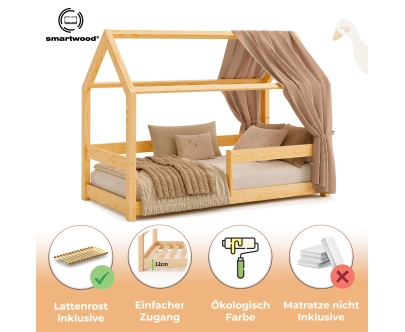 Hausbett für Kinder mit Rausfallschutz und Lattenrost MILO Montessori Holz