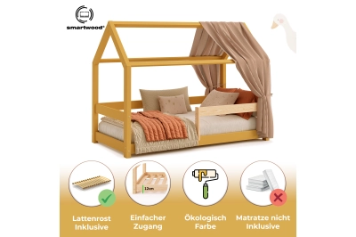 Hausbett für Kinder mit Rausfallschutz und Lattenrost MILO massives Kiefernholz