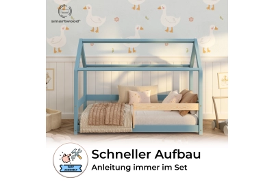 Hausbett für Kinder mit Rausfallschutz und Lattenrost MILO massives Kiefernholz