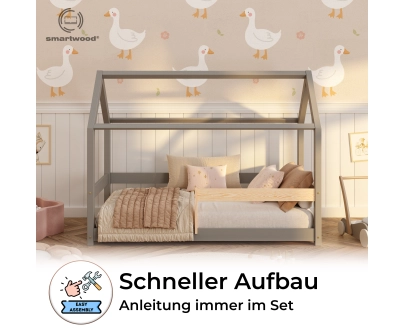 Hausbett für Kinder mit Rausfallschutz und Lattenrost MILO Montessori Holz