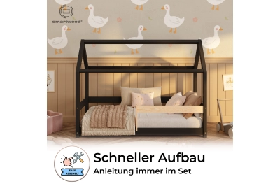 Hausbett für Kinder mit Rausfallschutz und Lattenrost MILO Montessori Holz
