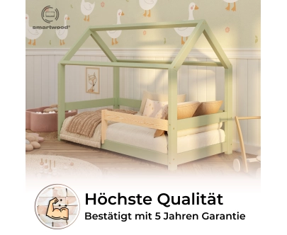 Hausbett für Kinder mit Rausfallschutz und Lattenrost MILO Montessori Holz