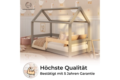 Hausbett für Kinder mit Rausfallschutz und Lattenrost MILO massives Kiefernholz